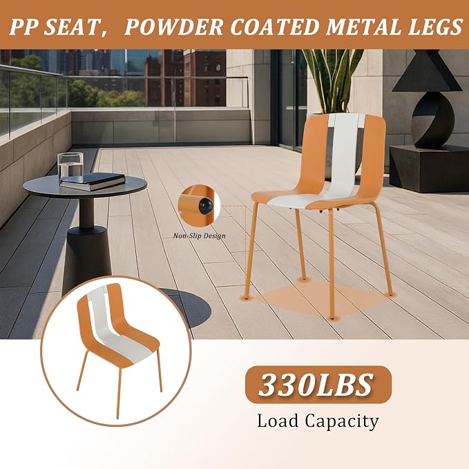 LUMISOL 5 Piece Outdoor Dining Table Set, All Weather Round Table and Chairs Set with Striped Color Block Chairs and Sturdy Metal Legs for Garden, Backyard, Poolside, Beige+Orange+White