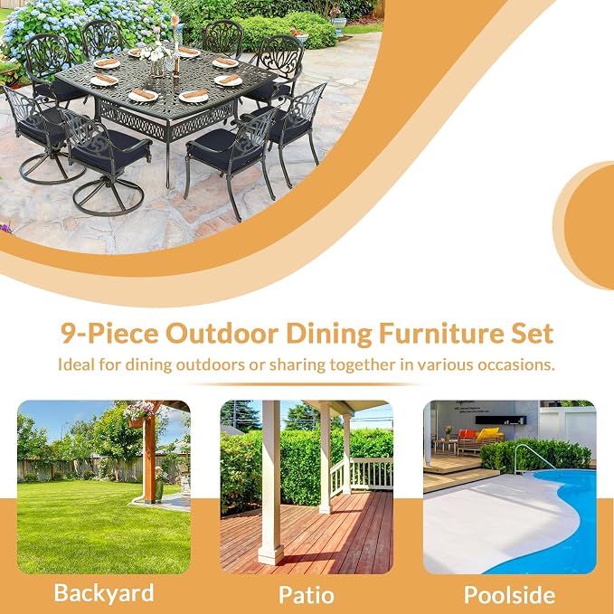 9 Piece Outdoor Patio Dining Set for 8, Cast Aluminium Large Square Dining Table & 2 Swivel Rocker Chairs, 6 Stationary, 8 Cushions, Umbrella Hole, Patio Furniture Set for Garden, Navy Blue