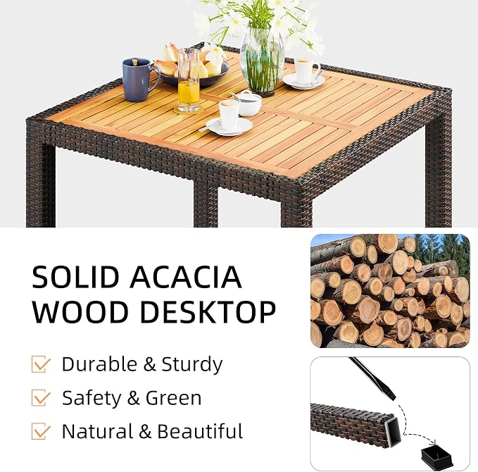 Vongrasig 5 Piece Small Patio Dining Set, Space-Saving Outdoor Wicker Furniture Conversation Set with Wood Table and Cushioned Rattan Chairs for Lawn, Garden, and Backyard (Brown)