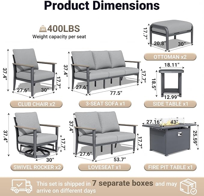 Aluminum Outdoor Patio Furniture Set, 10-Piece Sectional Sofa with 5.1" Thick Cushions, Swivel Rocking Chairs, 55,000 BTU Fire Pit Table, Outdoor Couch for Backyard, Deck, Gray
