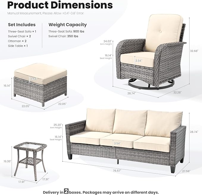ovios 6 Pieces Patio Furniture Set, Outdoor Wicker Sofa Couch with Swivel Glider Chairs Comfy Cushions, Modern Deep Seat Rattan Conversation Sets for Deck Porch, Beige