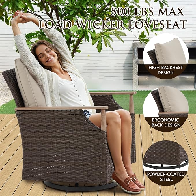 MELLCOM Patio Swivel Glider Rocker Chairs Set Wicker 5 Piece Patio Furniture Set Rocking Bistro Set with Tempered Glass Side Table and 2 Ottoman, for Backyard Garden Patio Porch (Beige, 5pcs)