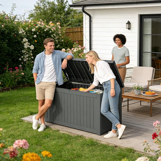 FEFLO 230 Gallon Resin Desk Boxes, Lockable Outdoor Storage Box | for Furniture, Toy, Shoe, Garden & Patio Tools Storage, IP54 Weatherproof Package Delivery Boxes for Outside - Black
