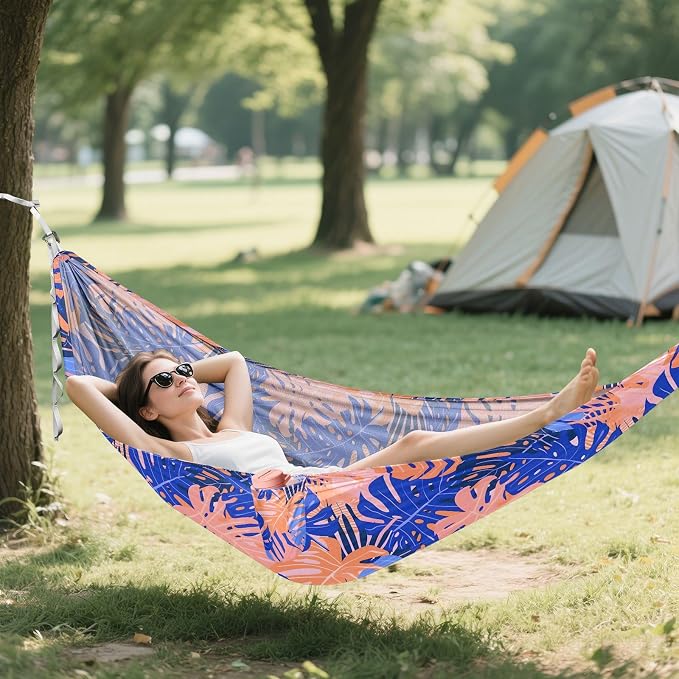Camping Hammock Outdoor Hammocks for Outside Blue Pink Tropical Leaf Beach Trees Portable Lightweight with Pockets Tree Straps Indoor