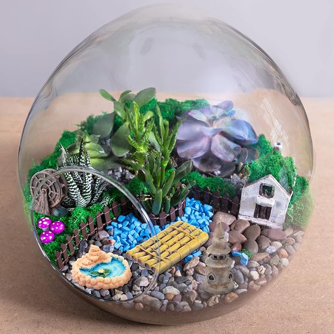 Meooeck 24 Pcs Miniature Garden Accessories Mini Fairy Bridge Figurines Pond Garden Decor Micro Landscape Lighthouse Water Well Ornament for Yard DIY Craft