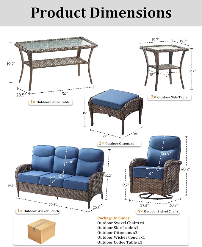 10-Piece Luxury Patio Furniture Set with 6-Inch Thick Cushions, High-Back Outdoor 4 Swivel Rocking Chairs with Wicker Coffee Table, All-Weather Conversation Set for Porch, Deck, Yard or Poolside Blue
