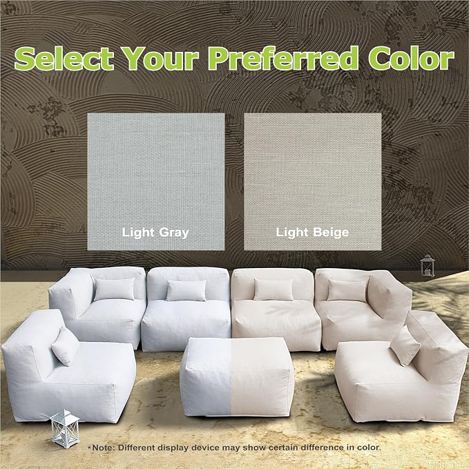 Dineli ANNYH CALALUNA 7Pc Patio Garden Furniture Sectional Conversation Set.Combines 4Middle, 2Corner, 1Ottoman/Coffee Outdoor Exp Foam Filled Chairs. A Unique Modular Contemporary Sofa (Light Beige)