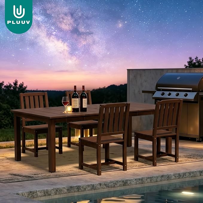PLUUV 5-Piece Outdoor Dining Set – HDPE Patio Furniture with Aluminum Table, Umbrella Hole, and 4 Armless Chairs, All-Weather Resistant for Garden & Backyard, Coffee