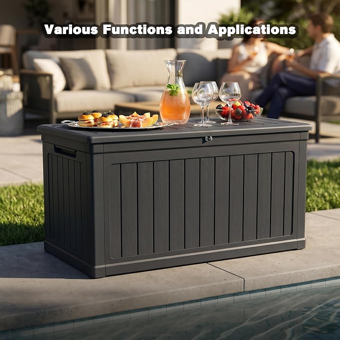 230 Gallon Outdoor Storage Deck Box, XXL Waterproof Resin Patio Storage Box with Lockable Lid, Heavy Duty Outdoor Cushion Storage Bin for Patio Furniture, Pool Supplies, Garden Tools, Black