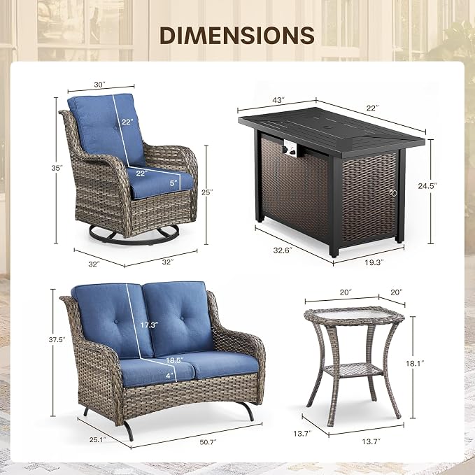 Patio Loveseat Glider Set, Resin Wicker Loveseat Glider with 4 Swivel Patio Chiars Rectangular Firepit Table, 7 Piece Patio Conversation Loveseat Set, Grey Wicker|Blue Cushions