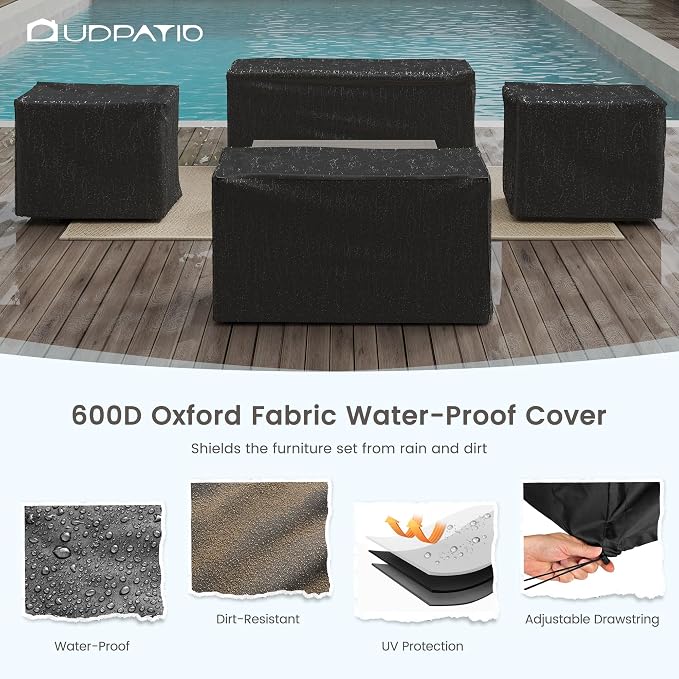 UDPATIO Aluminum Patio Furniture Set, Faux Wood Grain Modern Outdoor Furniture, 6" Cushions Metal Patio Conversation Sofa with Coffee Table for Poolside Deck, 7 PCS, Beige(Include 600D Covers)
