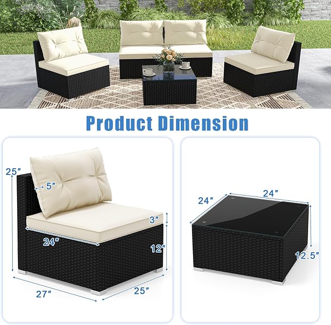 HAPPYGRILL 5 Pieces Patio Rattan Sofa Set, Outdoor Furniture Set with Seat & Back Cushions, Square Coffee Table with Tempered Glass Tabletop, Wicker Patio Conversation Set for Backyard, Poolside