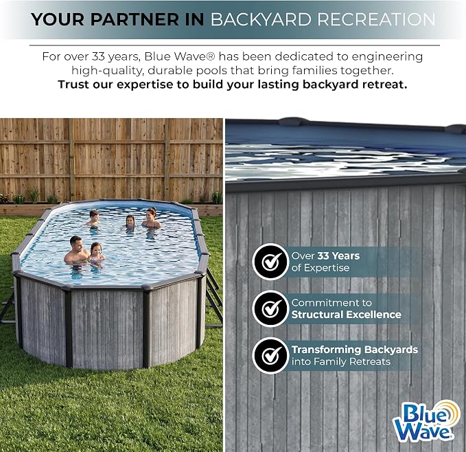 Blue Wave San Pedro 12x24-ft Oval 52-in Deep Hard Sided Steel Frame Above Ground Pool with 6-in Steel Top Seats, 0.5 HP Sand Filter System, Ladder, Skimmer & Liner – 6,300 Gallon Cap for Family Use