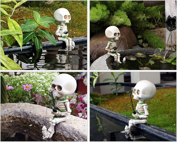 DS. DISTINCTIVE STYLE Style Fishing Skeleton Statue 4.5 Inch Mini Skull Figurines Halloween Gothic Decor Resin Cute Skull Fisher Sculpture for Outdoor Garden Pond Fountain Poolside