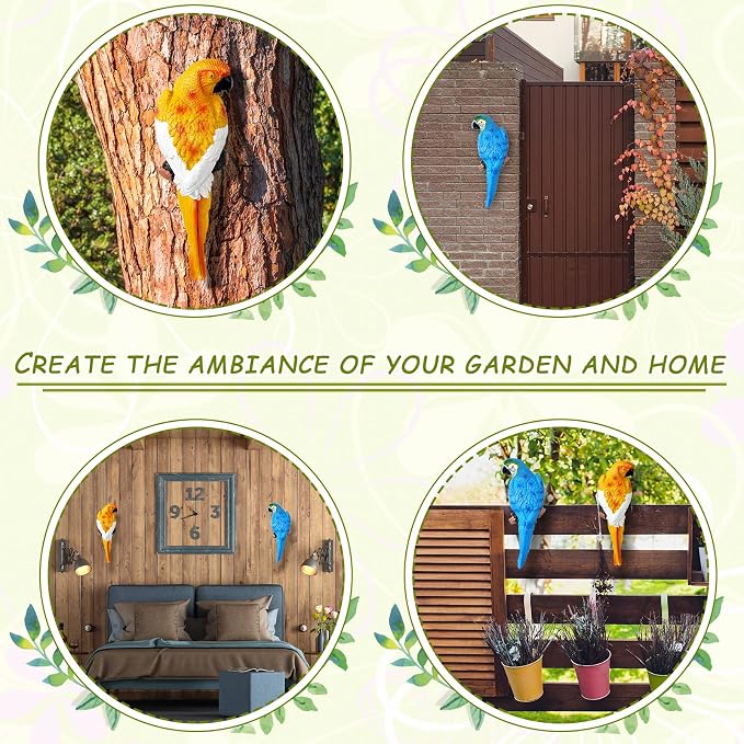 Jetec Parrot Decor Outdoor Tiki Bar Decor Large Realistic Parrot Statues Outside Lifelike Bird Sculptures Garden Patio Yard Lawn Figurines for Tropical Animal Tree Wall(2 Pcs,Blue, Yellow)