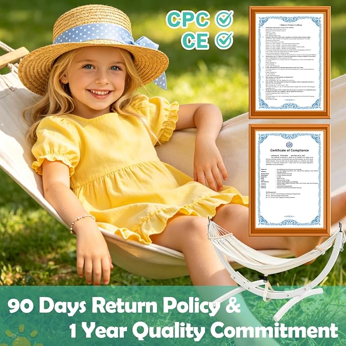 FUNLIO Wooden Hammock with Stand for Kids 3-5 Years (Height < 3.9ft/120cm), Premium Solid Wood Kids Hammock Chair Stand, Stable Structure, Wider & Longer Children Hammock, 220lbs Capacity - White