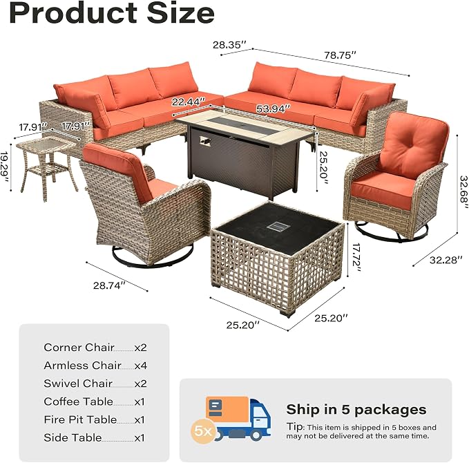 11 Pieces Outdoor Sectional Patio Furniture Set with 54" Fire Pit, Wicker Conversation Sets Rattan L Shaped Couch Swivel Rocking Chairs for Porch Balcony Backyard, Coarse Stripes Red