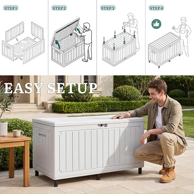 YITAHOME 90 Gallon Outdoor Storage Box with 6 Heavy-Duty Metal Legs & Ergonomic Dual Handles, Large Double-Wall Resin Deck Box, Lockable Waterproof Patio Organizer for Furniture, Cushions, White