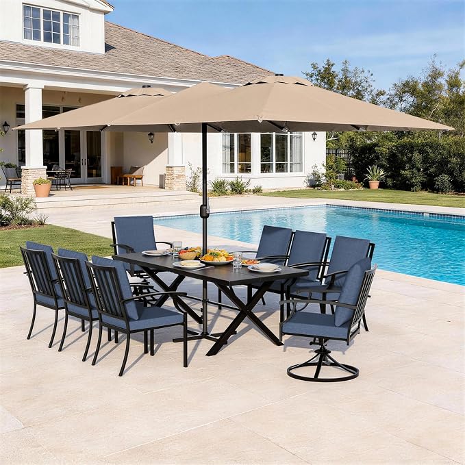 10 Pieces Patio Dining Set with Brown Umbrella,Outdoor Furniture Set Includes Hole Cut-Out Table and 6 Metal Backrest Chairs and 2 Swivel Chairs for Backyard,Garden,Poolside,Navy