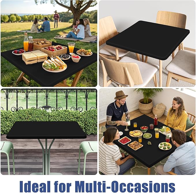 Moosfor Spandex Picnic Table Cloth 2 Pack, Elastic Fitted Tablecloths for Square Tables, Stretch Washable Patio Table Cover for Outdoor, Camping, Banquet and Parties (Black, 24"x24")