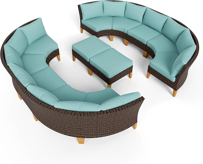 PHI VILLA 8-Piece Wicker Patio Furniture Set, Outdoor Half-Moon Curved Sectional Sofa with Cushions, 2 Ottomans, Large Conversation Seating for Garden or Backyard, Aqua Blue
