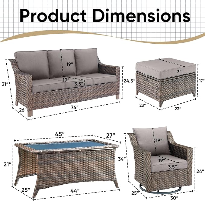 6 Pieces Outdoor Furniture Set-Deep Seating 3-Seat Couch with Patio Swivel Chairs Outdoor Coffee Table for Porch Garden Backyard Poolside-Brown/Grey