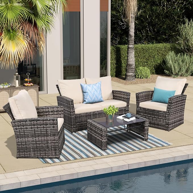 FHFO 4 Piece Outdoor Wicker Patio Furniture Set, Grey/Beige | Sectional Sofa | All-Weather Hand-Woven Rattan | Tempered Glass Coffee Table | Durable Fabric | Indoor & Outdoor Use