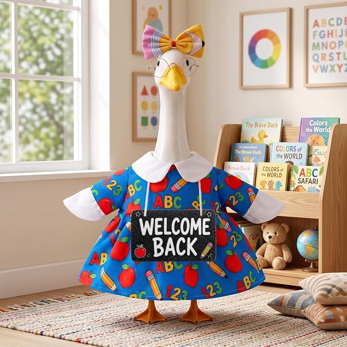 Porch Goose Back to School Outfit for 23 Inch Goose Statue, Teacher Style Classroom Goose Clothes with Pencil Bow, Round Glasses and Welcome Back Sign, Classroom Door Decor for Teachers