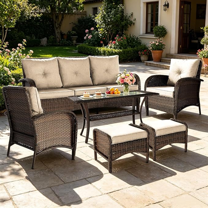 All Weather Patio Furniture Set, High Back Swivel Rocker Glider Chairs,Ottomans & Glass Tables, Outdoor Conversation Set for Deck Porch Yard Poolside (Brown, 7PCS-Sofa&Chairs&Ottomans&Table)