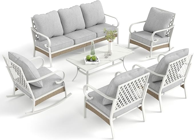 MIXPATIO 6 Piece Patio Furniture Set, 2 x Fixed Chair, 2 x Rocking Chair, 1 x 3-Seat Sofa with Marbling Coffee Table, 7 Seats Outdoor Conversation Set for Lawn Garden Backyard, Light Gray