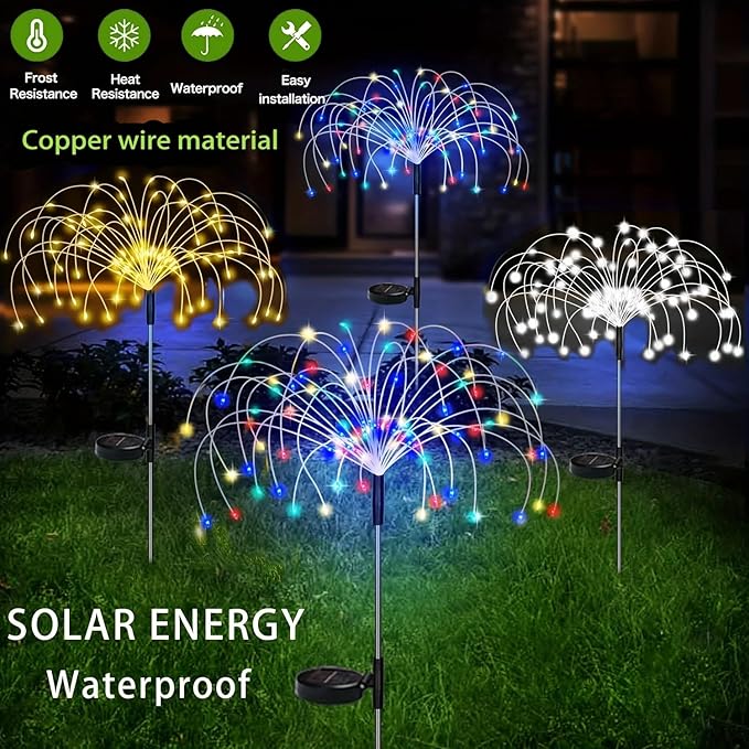 XIHAMA Solar Garden Lights 2 Pack Firework Lights Outdoor Waterproof, 150 LEDs with 8 Lighting Modes for Yard Pathway Patio Party Wedding Decorative (White)