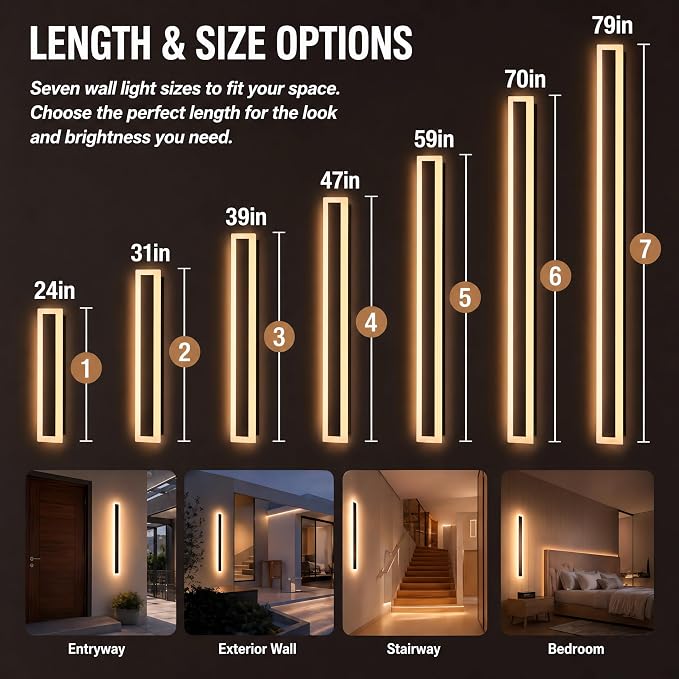 Modern Outdoor Wall Light 1pack 24in, 4.72in Width, Dimmable LED | 1200LM for Garage Front Door Porch, IP65 Waterproof Outdoor Sconce, Cover All Jbox, 3000K-6000K Adjustable, Matte Black