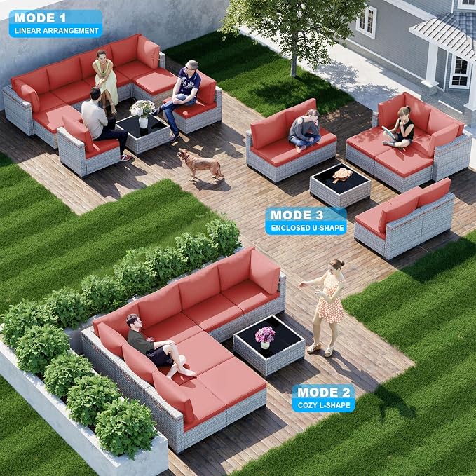 9-Piece Patio Furniture Set, Outdoor with Ottomans, Modular Patio Sofa, Dual-Strand Wicker Rattan, Rust-Resistant Frame, Backyard Furniture for Garden, Deck, Red