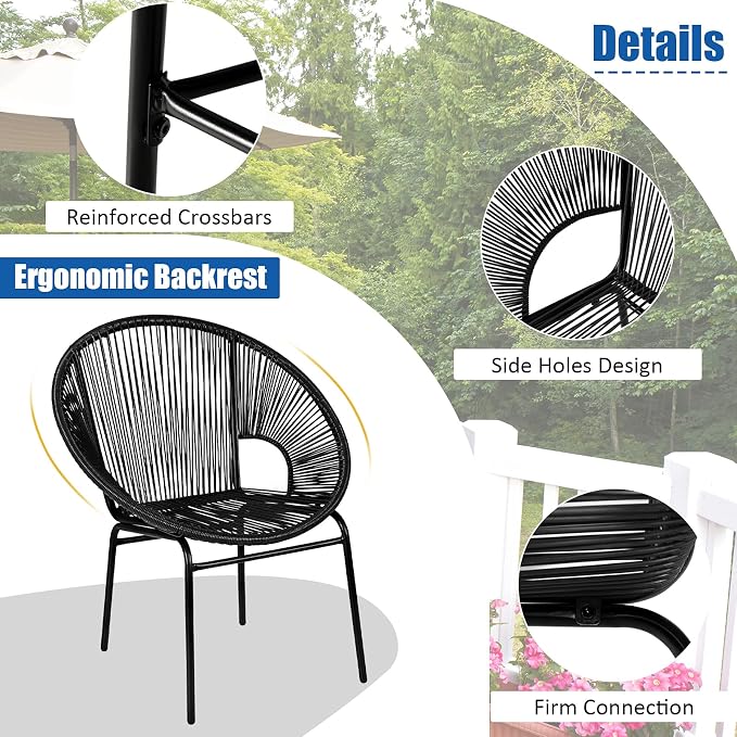 COSTWAY 3-Piece Outdoor Acapulco Chair Set, Wicker Conversation Bistro Sets with Plastic Rope, Glass Top Table, Patio Rattan Furniture Set for Garden, Balcony, Lawn, Backyard, Apartment, Black