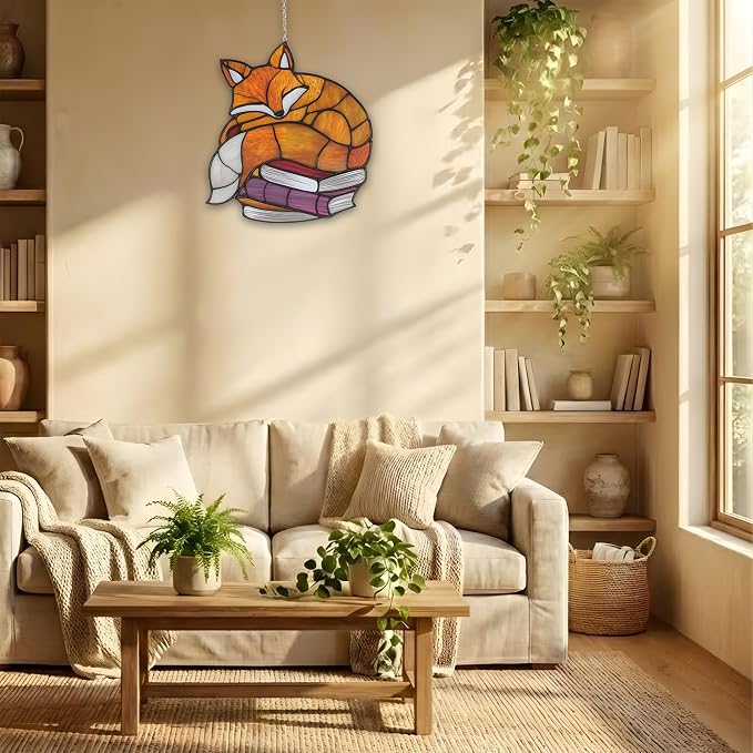 Sleeping Fox Book Acrylic Suncatcher, Bookish Suncatchers for Window Hanging Ornament, Art Garden Decor for Book Lover Reader Bookworm, Gifts for Mother's Day, Mom, Grandma, Wife, Women, Nana