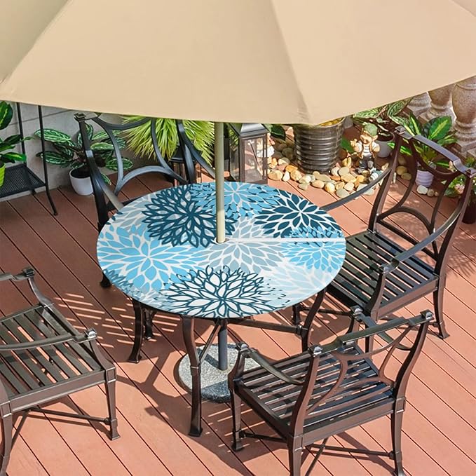 Round Tablecloth with Umbrella Hole and Zipper Elastic Fitted Table Cloth 36"-44" Oil-Proof Waterproof Chrysanthemum Patio Table Cover for Outdoor Dining Picnic Party, Spring Summer Blue Floral