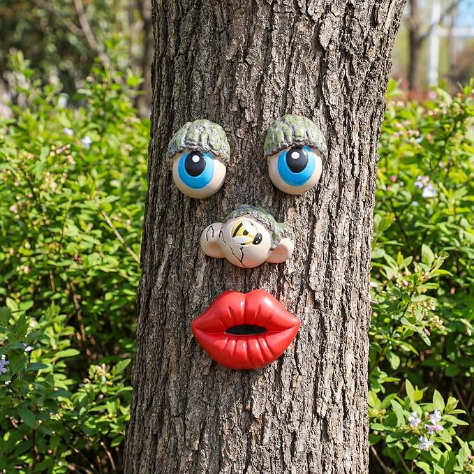 Hollowfly Tree Face Decor Outdoor Tree Faces Trees Yard Art Statues Garden Cute Funny Creative Decoration for Indoors Outdoor Garden Decoration(Funny Style)
