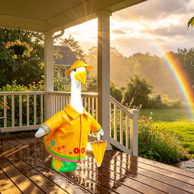 Raincoat Porch Goose Outfits, Summer Lawn Goose Statue Raincoat Costume, Cement/Plastic Goose Clothes Raincoat Umbrella Hat, 3-Piece Set for 23" Yard Goose Statue Patio Garden Decoration
