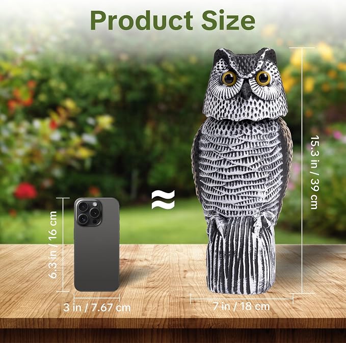 OFFO Fake Owl, Owl Statue for Garden and Yard Decoration, Weatherproof Plastic Rotating Head Outdoor Owl Decor for Porch Pool Patio Yard, 15-Inch Height, Round Ear Owl