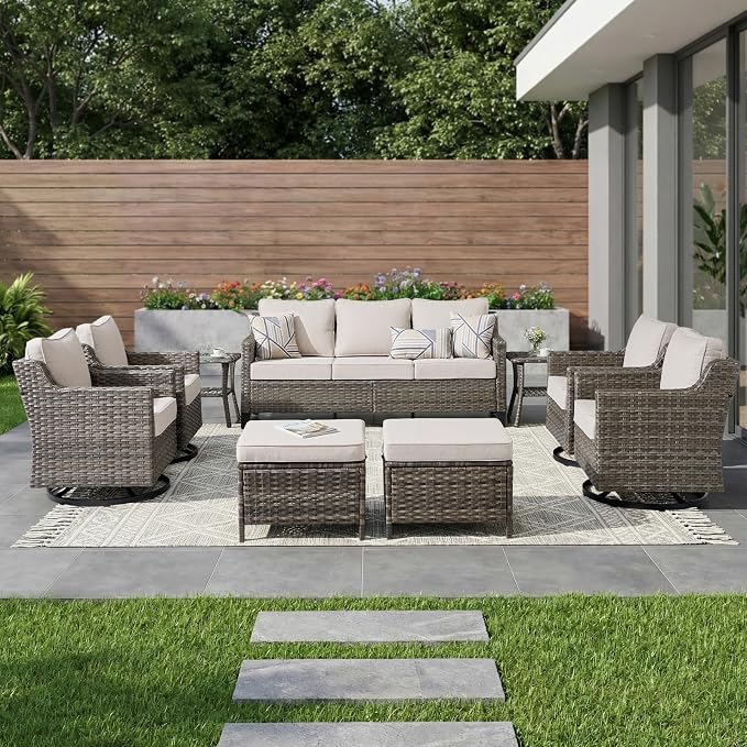 Luxury Patio Furniture sofa Set - 9 Pieces All Weather Wicker Outdoor Couch and High Back Swivel Rocker Patio Chairs with Side table&footstools for Deck Yard and Poolside Gray Wicker | Beige Cushions