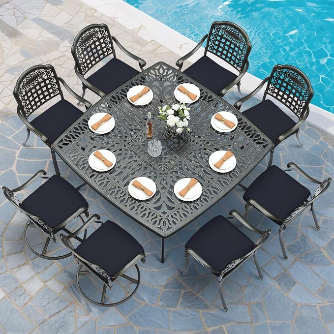 MEETWARM 9-Piece Outdoor Patio Dining Set for 8, All Weather Cast Aluminum Patio Funiture Table and Chairs Set- Large 64" Square Table and 2 Swivel Rocker Chairs, 6 Stationary for Garden, Navy Blue