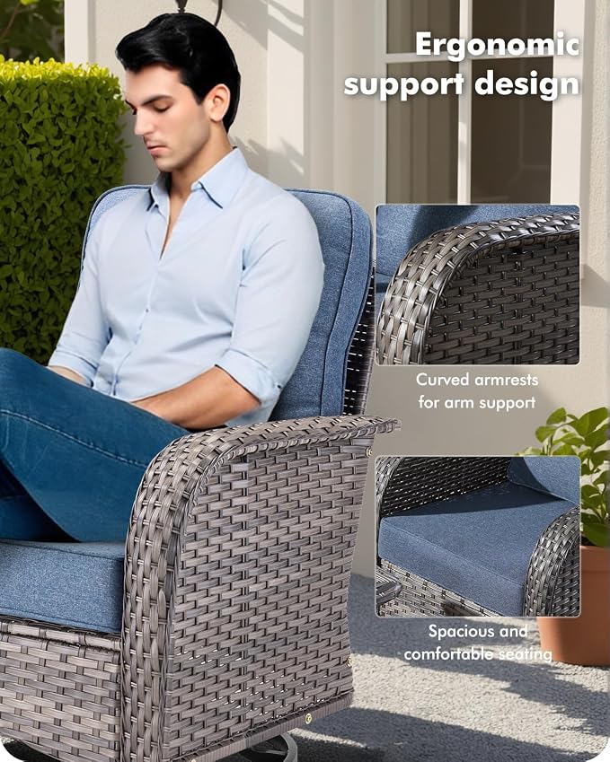 CAODOC 8-Piece Wicker Patio Furniture Set, All-Weather Rattan Conversation Bistro Loveseat Chair and Patio Rockers Set for Backyard, Balcony and Deck with Soft Cushions and Metal Table(Blue)