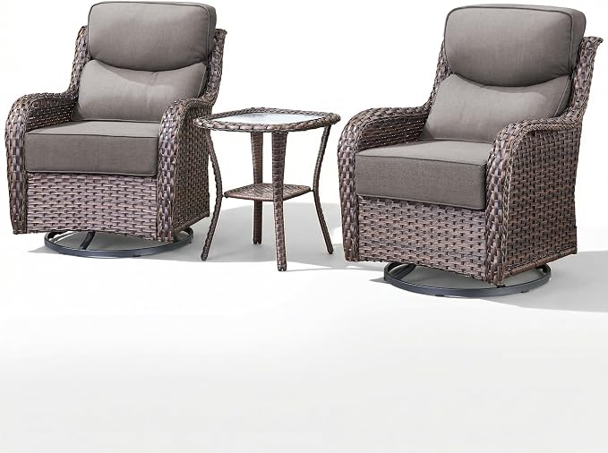 Luxury Outdoor Swivel Rocker Patio Chairs-3 Piece Wicker Patio Rocking Chairs Set of 2 with Glass Side Table 6" Thick Cushions High Back Outdoor Furniture Sets for Deck Porch Balcony(Brown/Grey)
