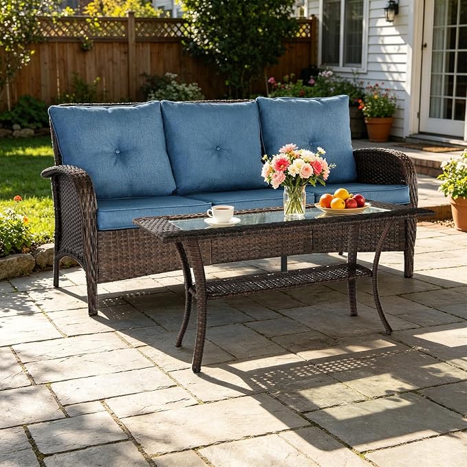 SHGJ&SOFT All Weather Patio Furniture Set, High Back Swivel Rocker Glider Chairs,Ottomans & Glass Tables, Outdoor Conversation Set for Deck Porch Yard Poolside (Blue, 2PCS-Sofa&Table)