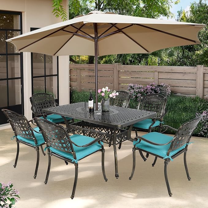 7-Piece Outdoor Patio Dining Set, 60” Rectangular Cast Aluminum Dining Table with Umbrella Hole and 6 Outdoor Dining Cushioned Chairs, Patio Funiture Set for Backyard, Patio, Garden, Blue