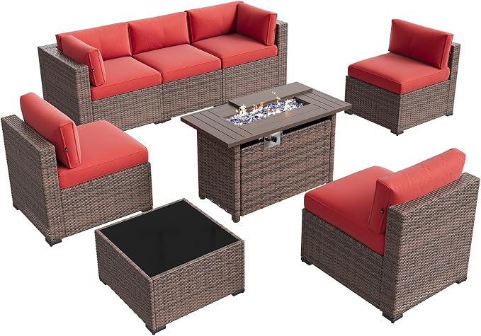 Aoxun Patio Furniture Sets, 8-Piece Outdoor Patio Furniture with 44'' Propane Gas Firepit Table, Wicker Outdoor Conversation Set Sectional Sofa for Backyard, Poolside, Garden