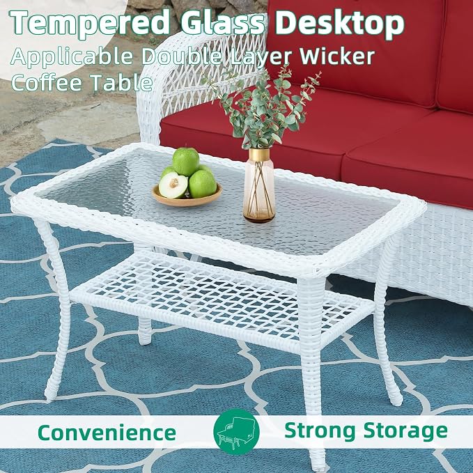 VIVIJASON 4-Piece Outdoor Patio White Wicker Conversation Sets, All Weather Outdoor Rattan Furniture Set Includes Glider Loveseat, Coffee Table, 2 Rocking Chairs with Cushions for Backyard, Red