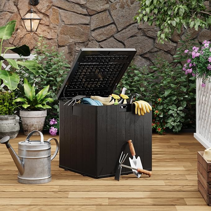 IDEALHOUSE 28 Gallon Deck Box, Waterproof Outdoor Storage Box with Lockable Lid, Heavy-Duty Resin Patio Furniture Cushion Storage Container for Garden, Backyard and Poolside, Black