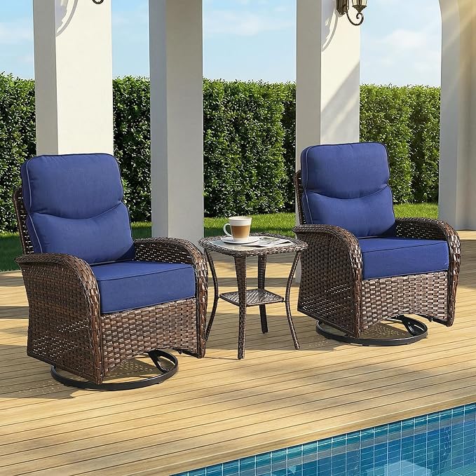 Patio Furniture Set with Luxury 6" Cushions, 3 Pieces Swivel Rocking Patio High Back Chairs, Outdoor Wicker Bistro Conversation Set for Balcony, Porch, Backyard, Poolside, Blue