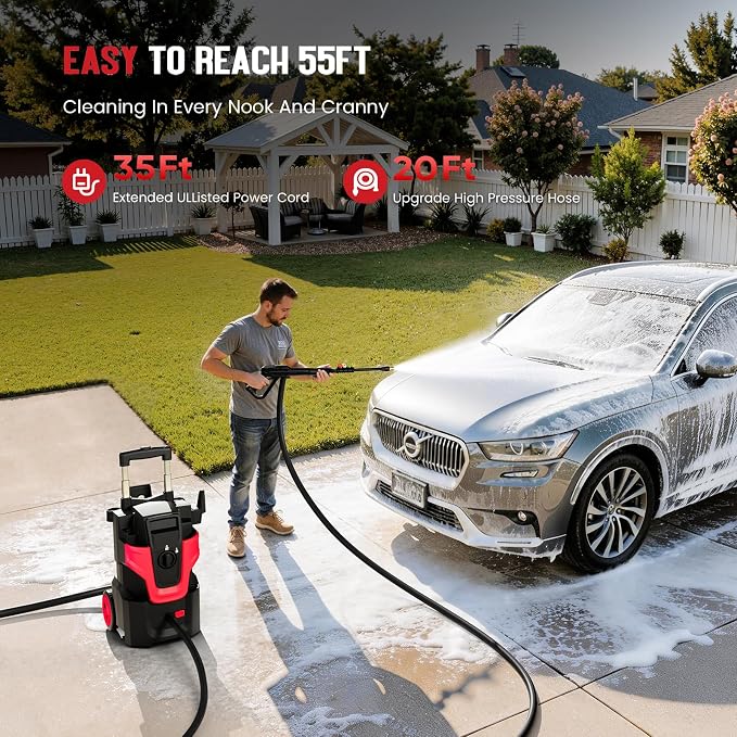 5000PSI Heavy Duty Pressure Washer, 3-Speed Adjustable Power Washer with 2-Stage Pull Rod, 4 Nozzles, Foam Cannon & 500ml Soap Bottle for Car, Home & Outdoor Cleaning,Red